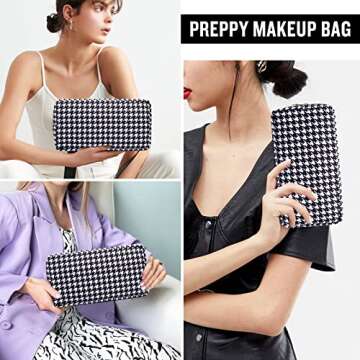 Nylon Small Makeup Bag for Purse, Cute Makeup Pouch Bag Preppy Cosmetic Zipper Pouch Purse, Portable Travel Toiletry Bag Clutch Makeup Brush Bag Organizer Storage for Ladies Girls(Black Houndstooth)