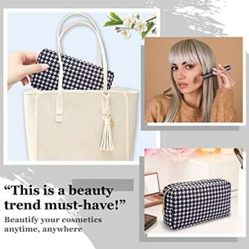 Nylon Small Makeup Bag for Purse, Cute Makeup Pouch Bag Preppy Cosmetic Zipper Pouch Purse, Portable Travel Toiletry Bag Clutch Makeup Brush Bag Organizer Storage for Ladies Girls(Black Houndstooth)