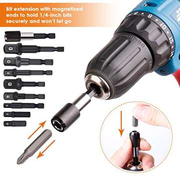 THINKWORK Impact Socket Adapter Set, 1/4" 3/8" 1/2" Drill Socket Adapter, 1/4" Hex Shank Impact Driver Socket Adapter for Cordless Drill, Impact Driver, Power Drill, Impact Drill, 9-Piece