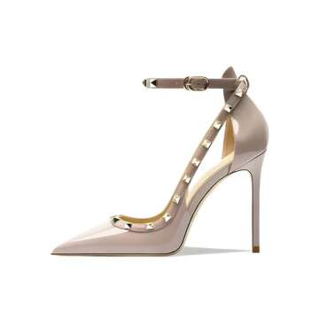 Qunvngutui Women's Pointed-Toe Strappy Rivets High-Heel Pumps - Deep Nude Patent