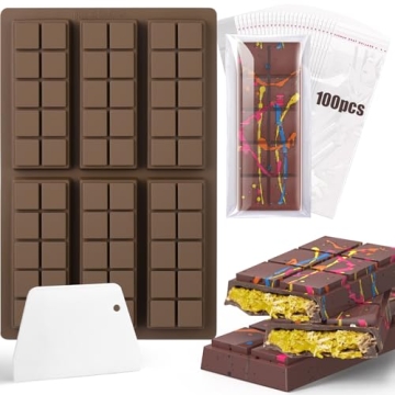 BABORUI Chocolate Bar Mold Set - 6 Cavities with 100 Plastic Bags, Durable Silicone for Knafeh Pista...
