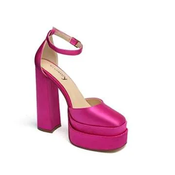 vivianly Women Platform Chunky High Heels Sandals Closed Square Toe Ankle Strap Pumps Dress Party Wedding Shoes US 9 Rosered