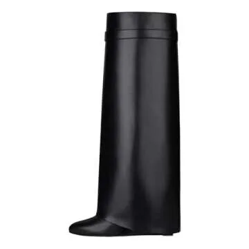 keleimusi Fold Over Wedge Boots Heeled PadLock Pant Knee High Shoes Tall/Short Booties in Black