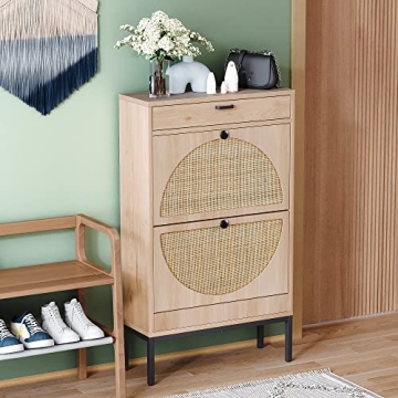 Yechen Elegant Rattan Shoe Rack - Space-Saving Oak Shoe Cabinet for Entryway