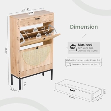 Yechen Rattan Shoe Cabinet Oak Entryway Organizer