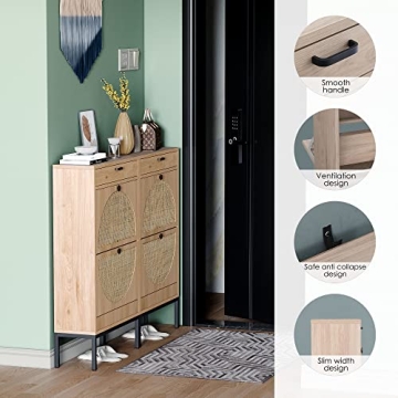 Yechen Rattan Shoe Cabinet Oak Entryway Organizer