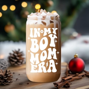 Fairy's Gift Boy Mom Iced Coffee Cup, Cute Boy Mom Gifts, 16 oz Coffee Glass Cups with Lids Straws - in My Boy Mom Era - Boy Mom Christmas, Boy Mama Birthday Gifts - Gifts for New Mom, Expecting Mom