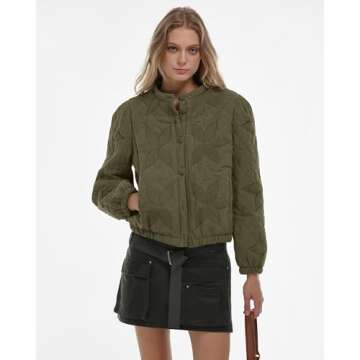 Gacaky Women's Lightweight Floral Embroidered Cropped Quilted Jacket Winter Warm Button Down Puffer Jacket Coat with Pockets