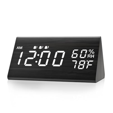 Stylish Wooden Digital Alarm Clock with LED Display, 3 Alarms, Temp & Humidity Sensor