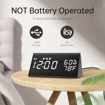 Wooden Digital Alarm Clock with LED Display and 3 Alarms
