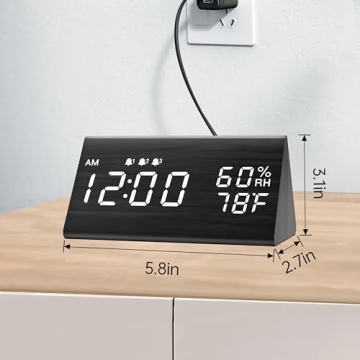Wooden Digital Alarm Clock with LED Display and 3 Alarms