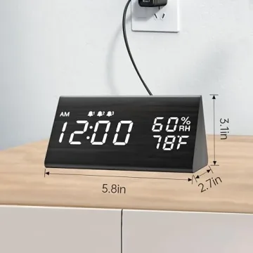 Wooden Digital Alarm Clock with LED Display and 3 Alarms