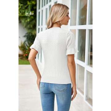 Arach&Cloz Womens Short Sleeve Sweater Tops 2025 Spring Summer Crew Neck Ribbed Knit Ruffle Sleeve Dressy Casual Shirts Blouses Bell Valentines Day Off White L