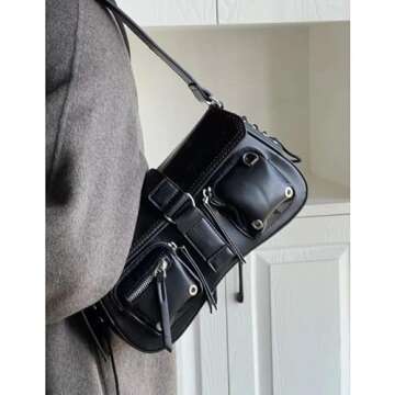 Women Shoulder Bags Retro Y2k Hobo Handbags with Front Pockets Trendy Vintage Leather Small Purse for Woman