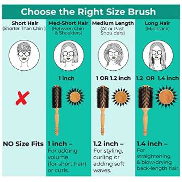 High-Density Soft Boar Bristles Wood Round Brush for Blow-Drying, Straightening, Styling, Volumizing Medium to Long Hair (Shoulder to Back-Length) for Shine & Volume, 1.2" Roller, 2.4" with Bristles