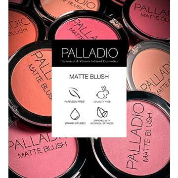 Palladio Matte Blush, Brushes onto Cheeks Smoothly, Soft Matte Look and Even Finish, Flawless Velvety Coverage, Effortless Blending Makeup, Flatters the Face, Convenient Compact, Bayberry