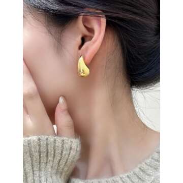 PANSHI Gold Earring Dupes Chunky Gold Hoop Earrings for Women Teen Trendy Hypoallergenic Stud Post Drop Earrings Jewelry (Yellow Gold Chunky)