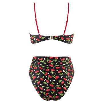 MOSHENGQI Women High Waisted High Cut Bikini Push Up Bandeau Swimsuits (S, Black Cherry)