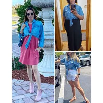 AMEBELLE Women's Roll Up 3/4 Sleeve Tie Front Knot Shirt Chambray Denim Crop Top(0088-LightBlue-XXL)