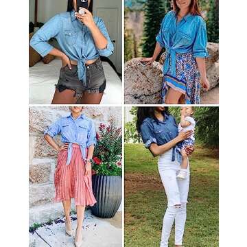 AMEBELLE Women's Roll Up 3/4 Sleeve Tie Front Knot Shirt Chambray Denim Crop Top(0088-LightBlue-XXL)