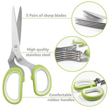 5-Blade Herb Cutter Scissors with Safety Cover, Cleaning Comb - Green