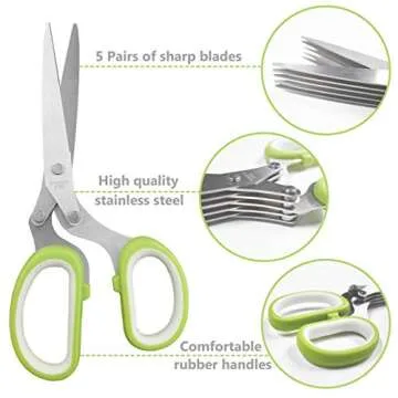 5-Blade Herb Cutter Scissors with Safety Cover, Cleaning Comb - Green
