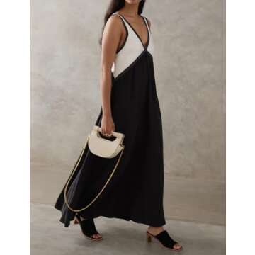 BQDCQB Womens Summer Color Block Satin Dress Loose V Neck Contrast Patchwork Flowy Beach Vacation Long Tank Maxi Dresses