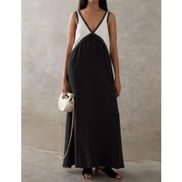 BQDCQB Womens Summer Color Block Satin Dress Loose V Neck Contrast Patchwork Flowy Beach Vacation Long Tank Maxi Dresses