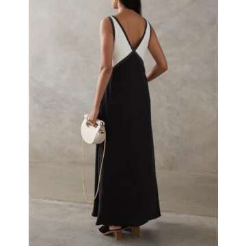 BQDCQB Womens Summer Color Block Satin Dress Loose V Neck Contrast Patchwork Flowy Beach Vacation Long Tank Maxi Dresses