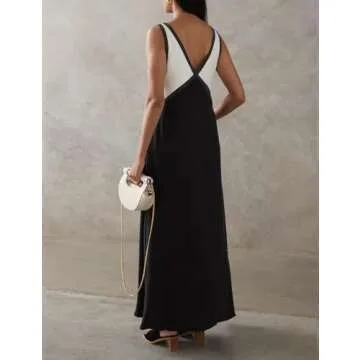 BQDCQB Womens Summer Color Block Satin Dress Loose V Neck Contrast Patchwork Flowy Beach Vacation Long Tank Maxi Dresses