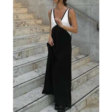 BQDCQB Womens Summer Color Block Satin Dress Loose V Neck Contrast Patchwork Flowy Beach Vacation Long Tank Maxi Dresses