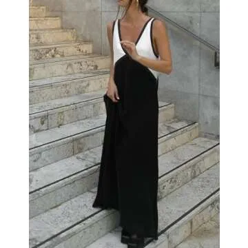 BQDCQB Womens Summer Color Block Satin Dress Loose V Neck Contrast Patchwork Flowy Beach Vacation Long Tank Maxi Dresses