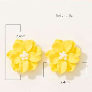 Rrdaily Boho Acrylic Pearl Flower Stud Earrings for Women White Exaggeration Camellia Drop Earrings Sweet Resin Flower Dangle Earrings Jewelry Gift (Yellow)