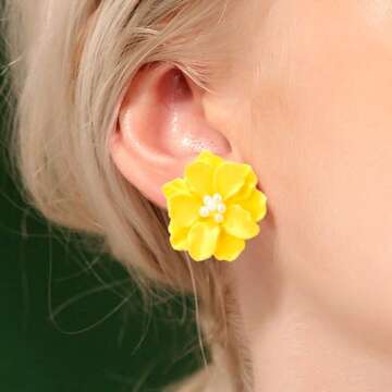Rrdaily Boho Acrylic Pearl Flower Stud Earrings for Women White Exaggeration Camellia Drop Earrings Sweet Resin Flower Dangle Earrings Jewelry Gift (Yellow)