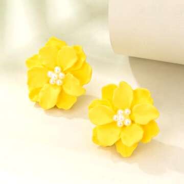 Rrdaily Boho Acrylic Pearl Flower Stud Earrings for Women White Exaggeration Camellia Drop Earrings Sweet Resin Flower Dangle Earrings Jewelry Gift (Yellow)