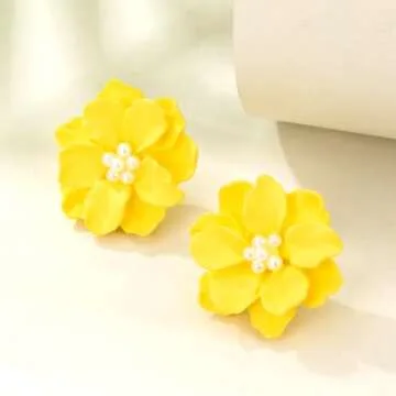 Rrdaily Boho Acrylic Pearl Flower Stud Earrings for Women White Exaggeration Camellia Drop Earrings Sweet Resin Flower Dangle Earrings Jewelry Gift (Yellow)