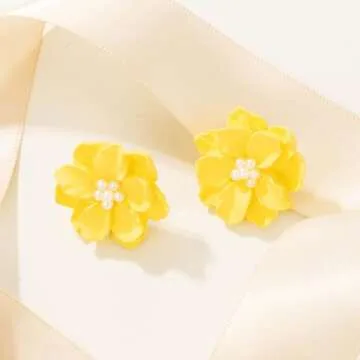 Rrdaily Boho Acrylic Pearl Flower Stud Earrings for Women White Exaggeration Camellia Drop Earrings Sweet Resin Flower Dangle Earrings Jewelry Gift (Yellow)