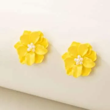 Rrdaily Boho Acrylic Pearl Flower Stud Earrings for Women White Exaggeration Camellia Drop Earrings Sweet Resin Flower Dangle Earrings Jewelry Gift (Yellow)