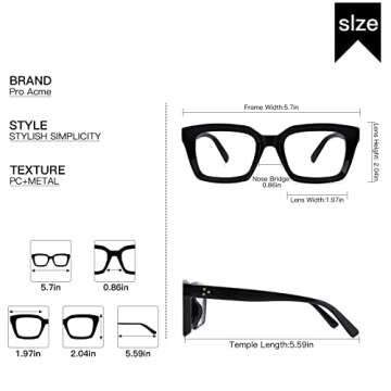 Pro Acme Vintage Clear Lens Glasses for Women, Non-prescription Classic Square Eyewear Frame, Women’s Fashion Eyeglasses(Bright Black)