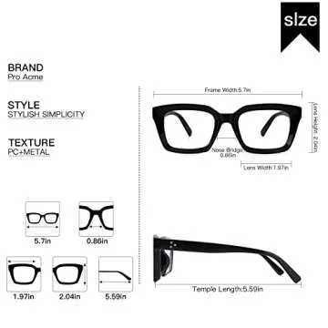Pro Acme Vintage Clear Lens Glasses for Women, Non-prescription Classic Square Eyewear Frame, Women’s Fashion Eyeglasses(Bright Black)