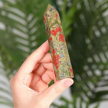 ZHIYUXI 3.7-4" Unakite Healing Crystals Wands Crystal Tower Hexagonal Pointed Crystal Wand Stone Lar...