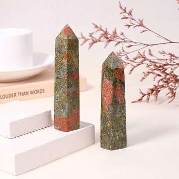 ZHIYUXI 3.7-4" Unakite Healing Crystals Wands Crystal Tower Hexagonal Pointed Crystal Wand Stone Large Crystals Reiki Energy Balancing Meditation Therapy Gemstones Decoration Gifts 1 Pc