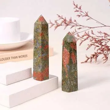 ZHIYUXI 3.7-4" Unakite Healing Crystals Wands Crystal Tower Hexagonal Pointed Crystal Wand Stone Large Crystals Reiki Energy Balancing Meditation Therapy Gemstones Decoration Gifts 1 Pc