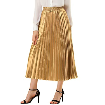Allegra K Women's Party Elastic Waist Metallic Shiny Accordion Pleated Midi Skirt Large Gold