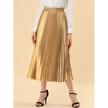 Allegra K Women's Party Elastic Waist Metallic Shiny Accordion Pleated Midi Skirt Large Gold