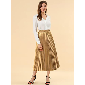 Allegra K Women's Party Elastic Waist Metallic Shiny Accordion Pleated Midi Skirt Large Gold