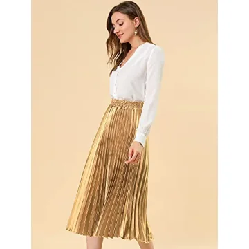 Allegra K Women's Party Elastic Waist Metallic Shiny Accordion Pleated Midi Skirt Large Gold