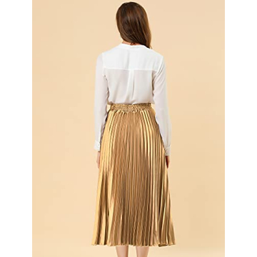 Allegra K Women's Party Elastic Waist Metallic Shiny Accordion Pleated Midi Skirt Large Gold