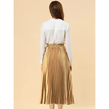 Allegra K Women's Party Elastic Waist Metallic Shiny Accordion Pleated Midi Skirt Large Gold