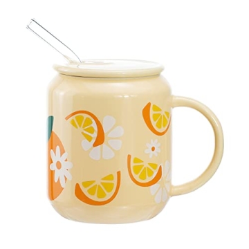 Sizikato Porcelain Mug with Lid and Straw - 13 Oz with Cute Citrus Design